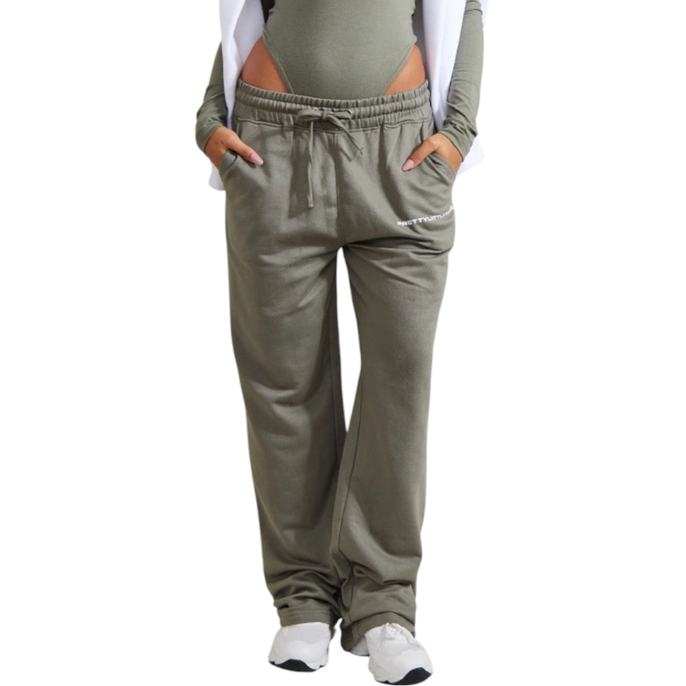 NWT PrettyLittleThing Khaki Green Straight Leg Logo Joggers Size Medium